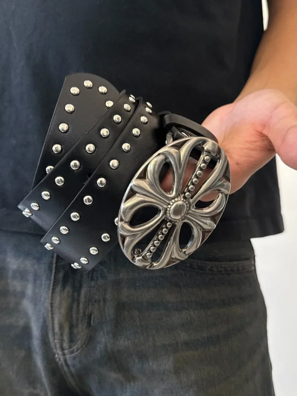 Black Studded Faux Leather Metal Cross Buckle Belt